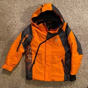 Spyder Boys Orange Grey Winter Ski Jacket Goggle Wipe Zipper Velcro Size 10